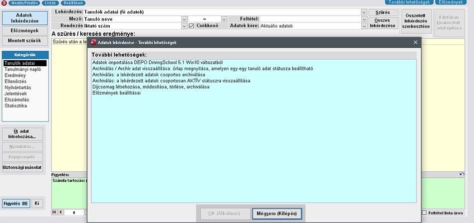 Adatok lekérdezése, további lehetségek menü