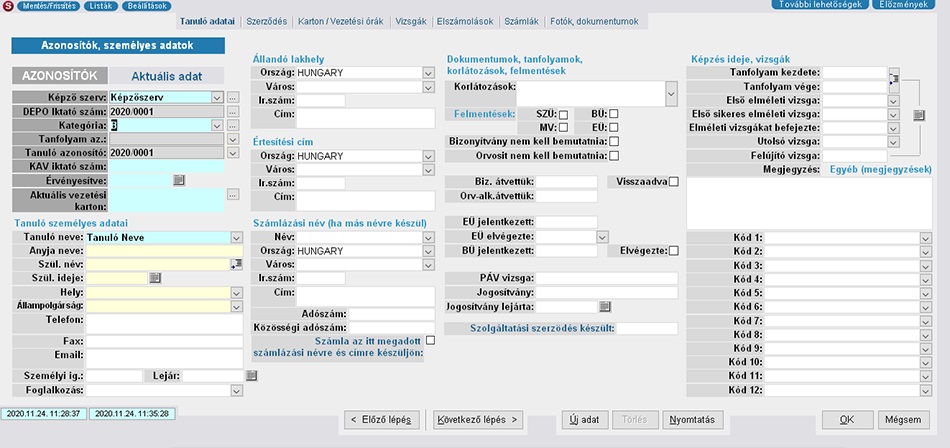 Tanuló nyilvántartás rlap, azonosítás oldal