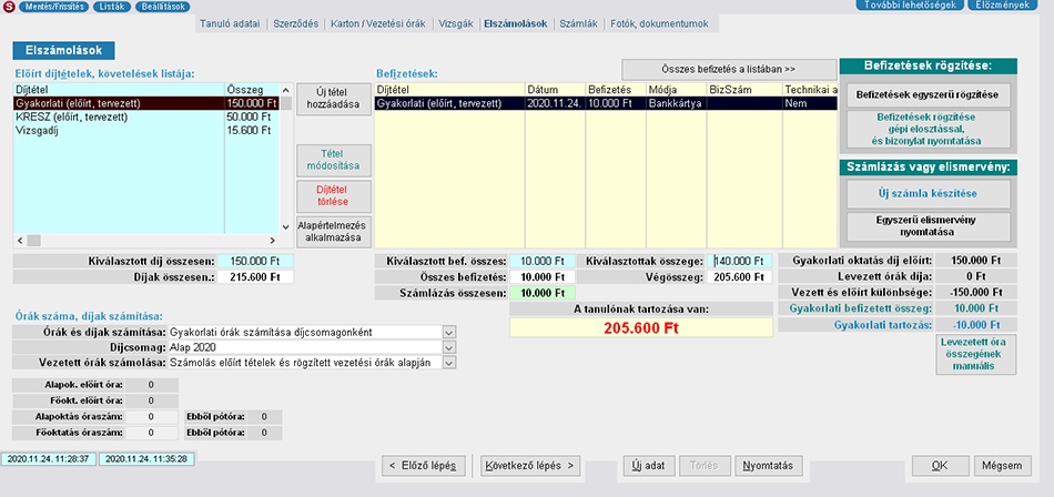 Tanuló nyilvántartás rlap, elszámolások oldal