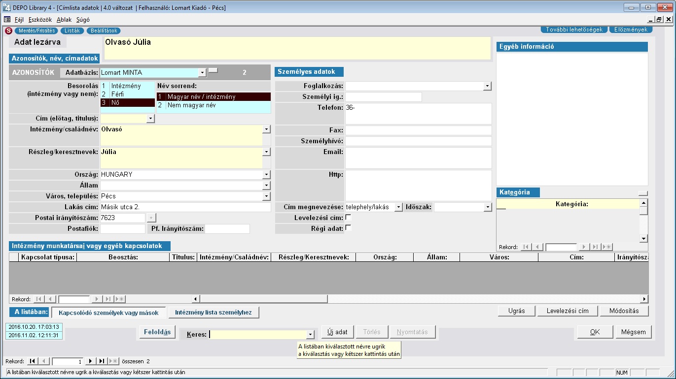 Címlista rlap képe