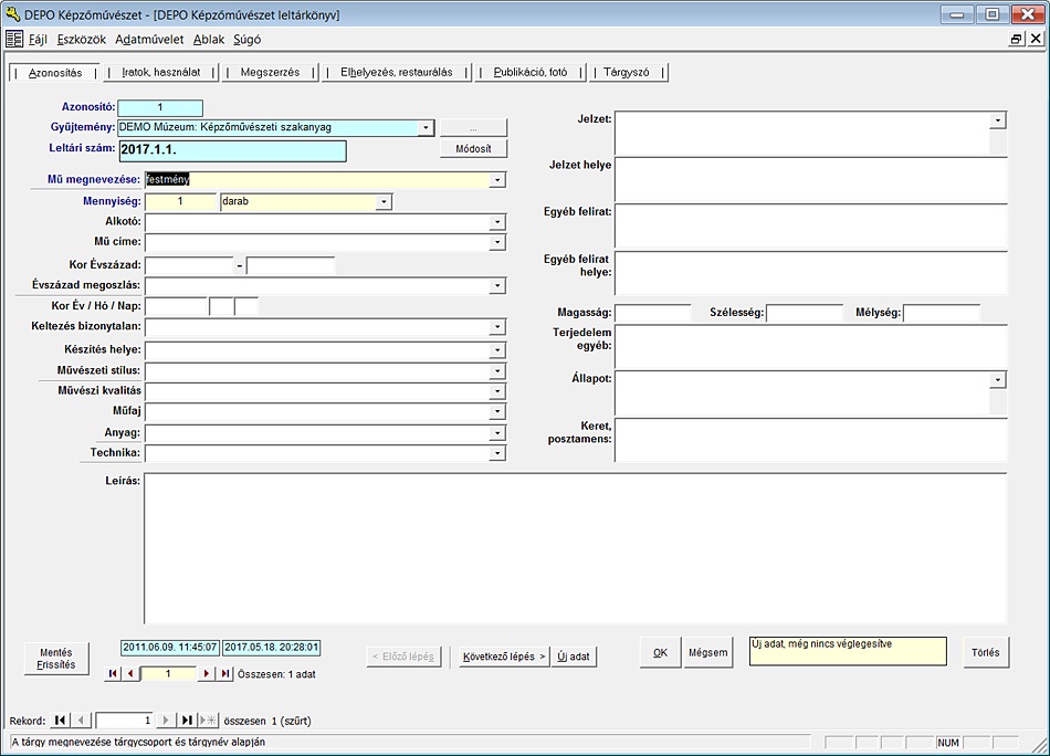 A műszaki történeti tárgy leltárkönyv űrlapja A műszaki történeti tárgy leltárkönyv űrlapja