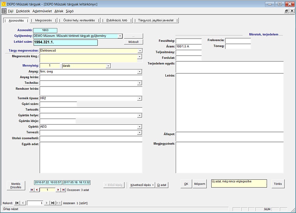 A mszaki történeti tárgy leltárkönyv rlapja