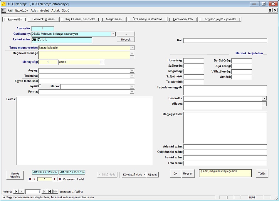 A műszaki történeti tárgy leltárkönyv űrlapja
