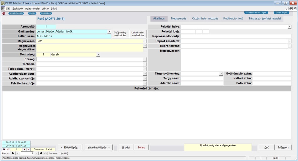 A mszaki történeti tárgy leltárkönyv rlapja