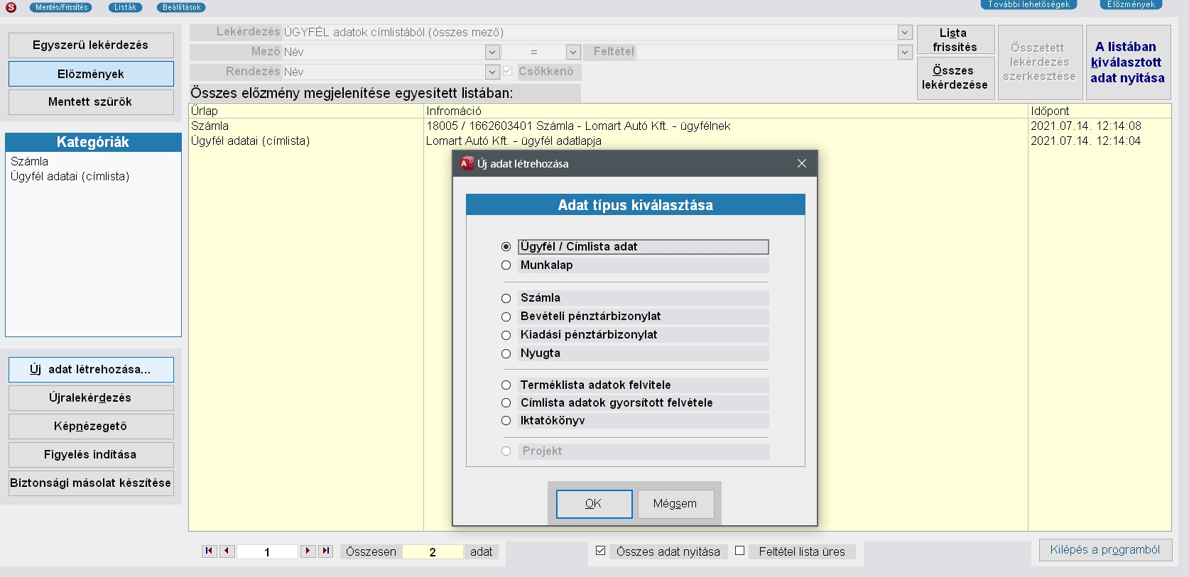 Indítás, adatok lekérdezése és Új adat rlap