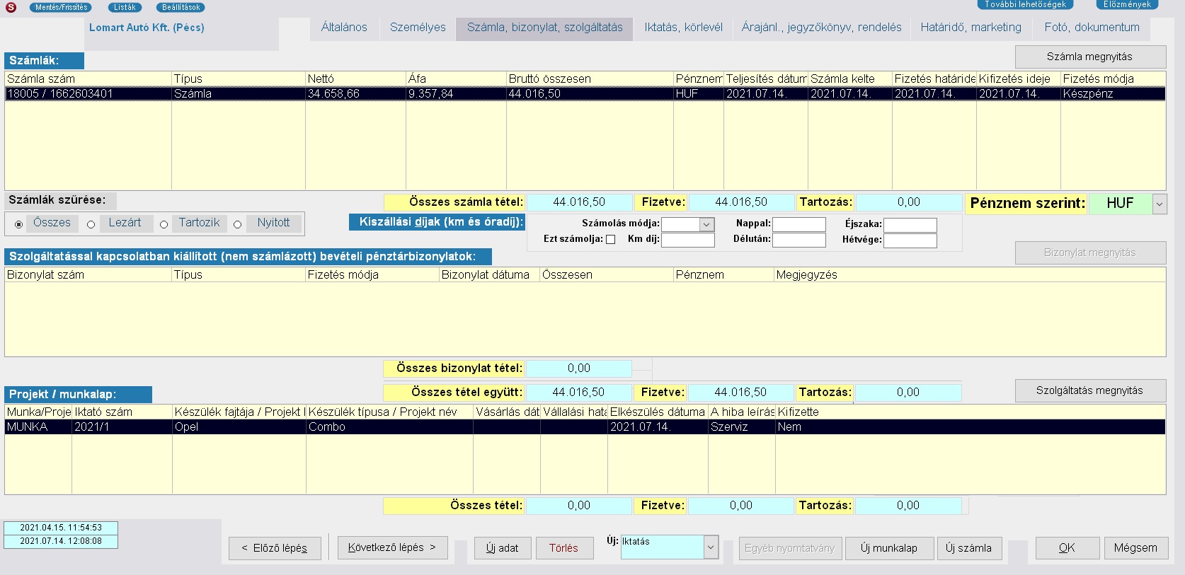 Ügyfél munkalapok, számlák
