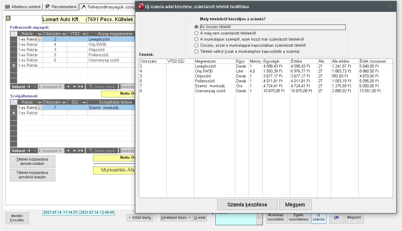 Szolgáltatások számlázása, elkészítés rlap
