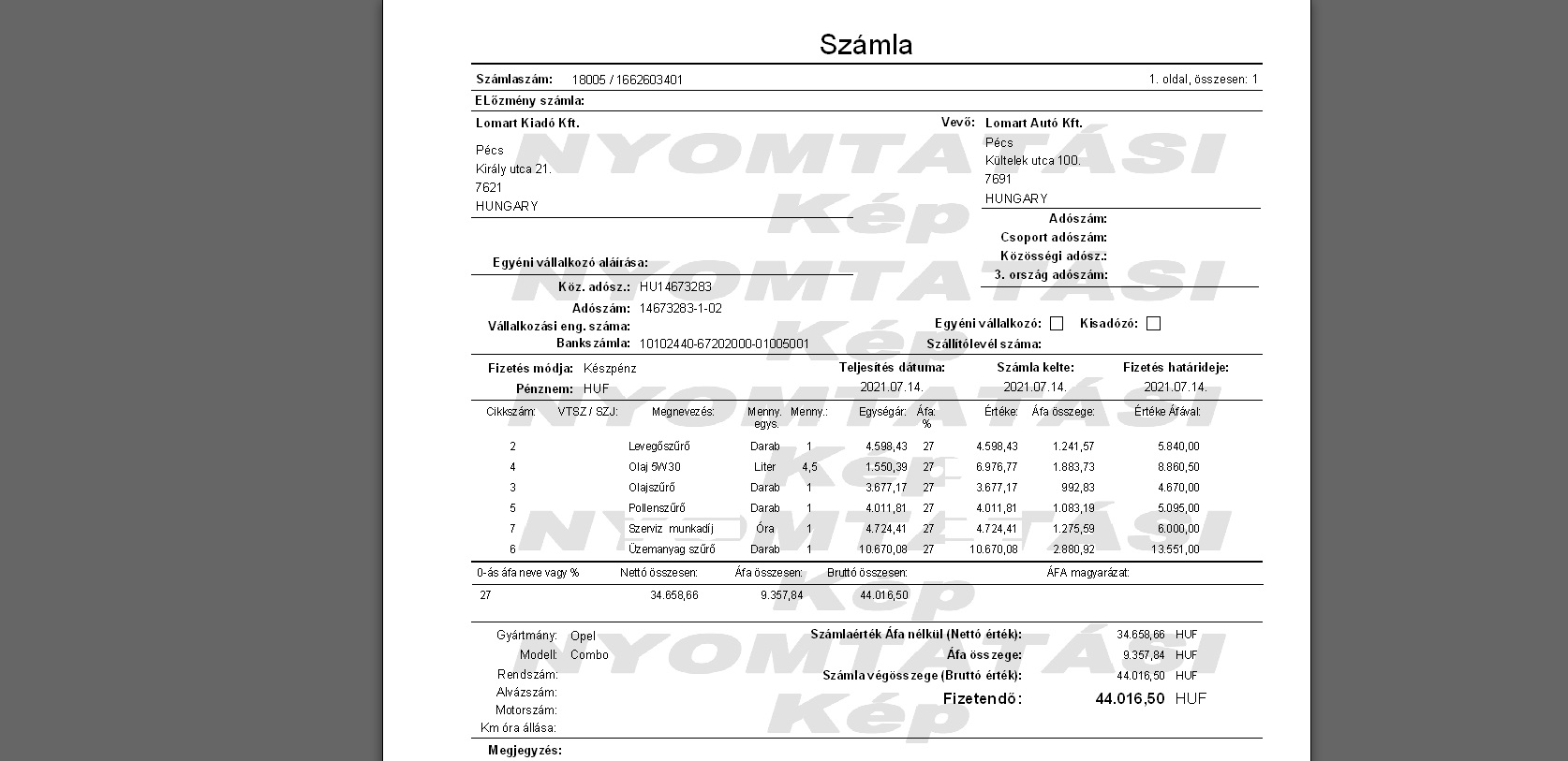 Számla nyomtatási kép megtekintése