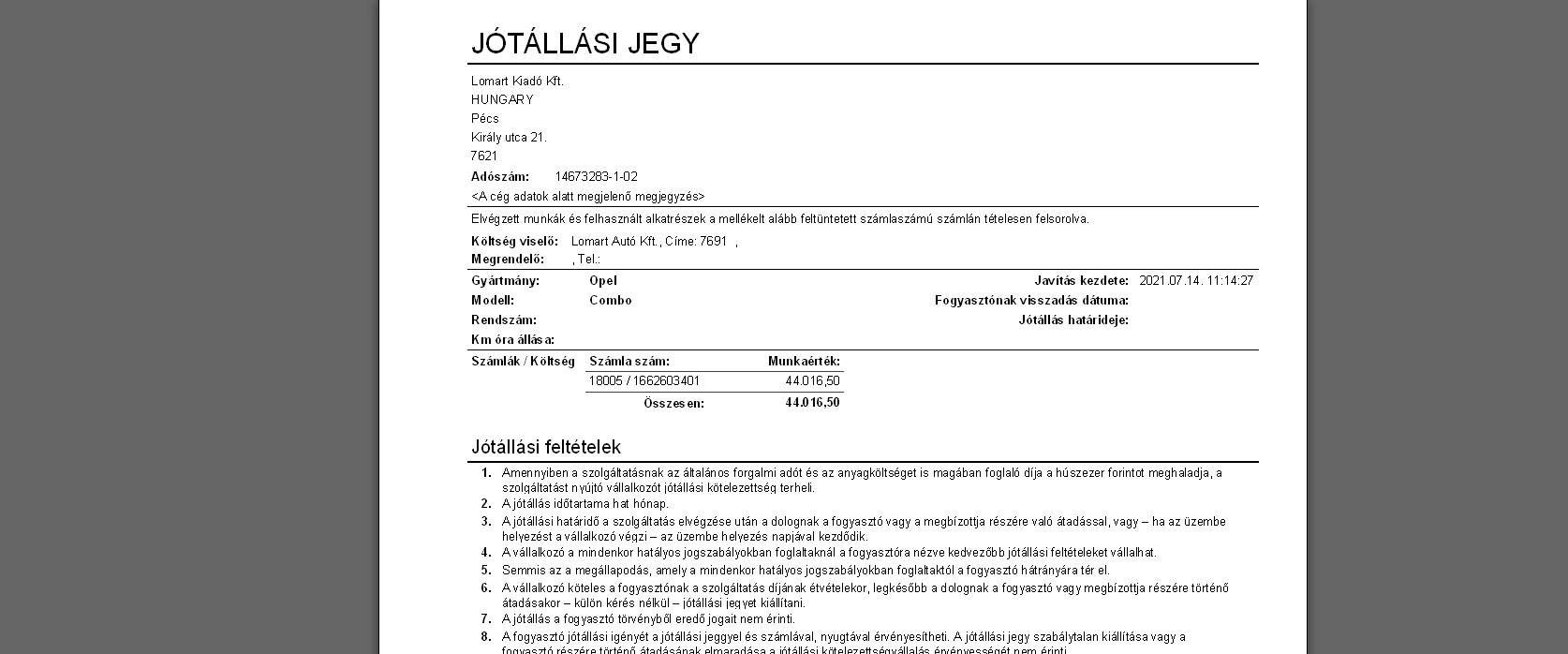 Jótállási jegy nyomtatási képe