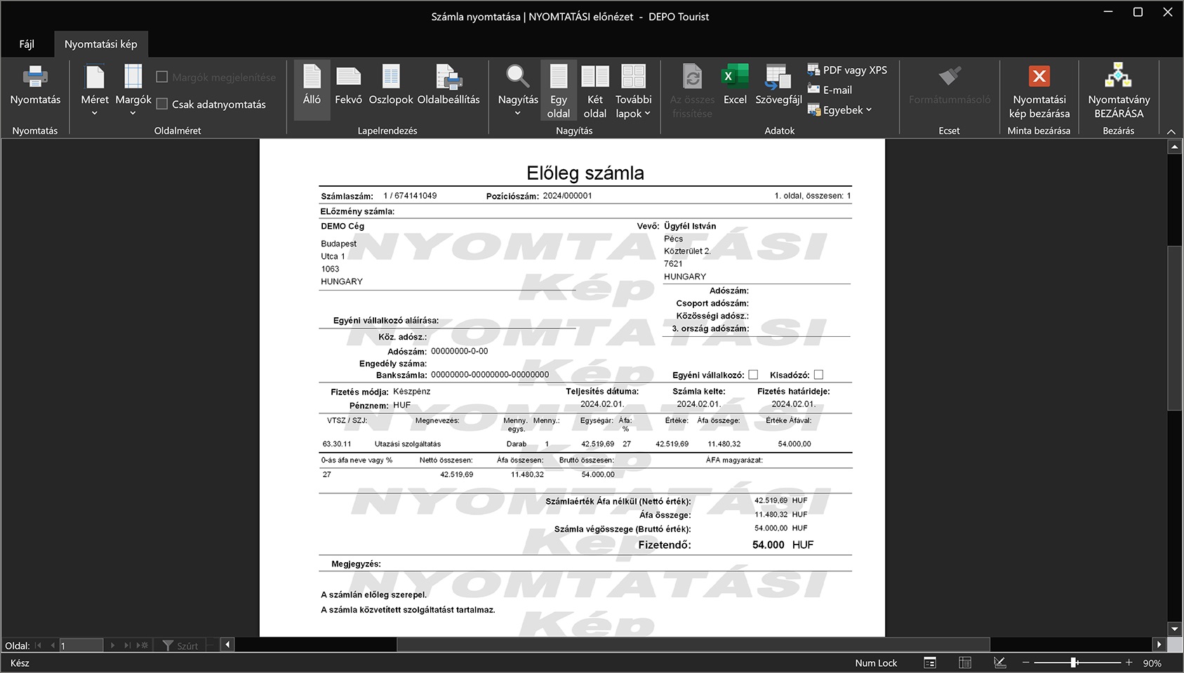Számla nyomtatási kép megtekintése